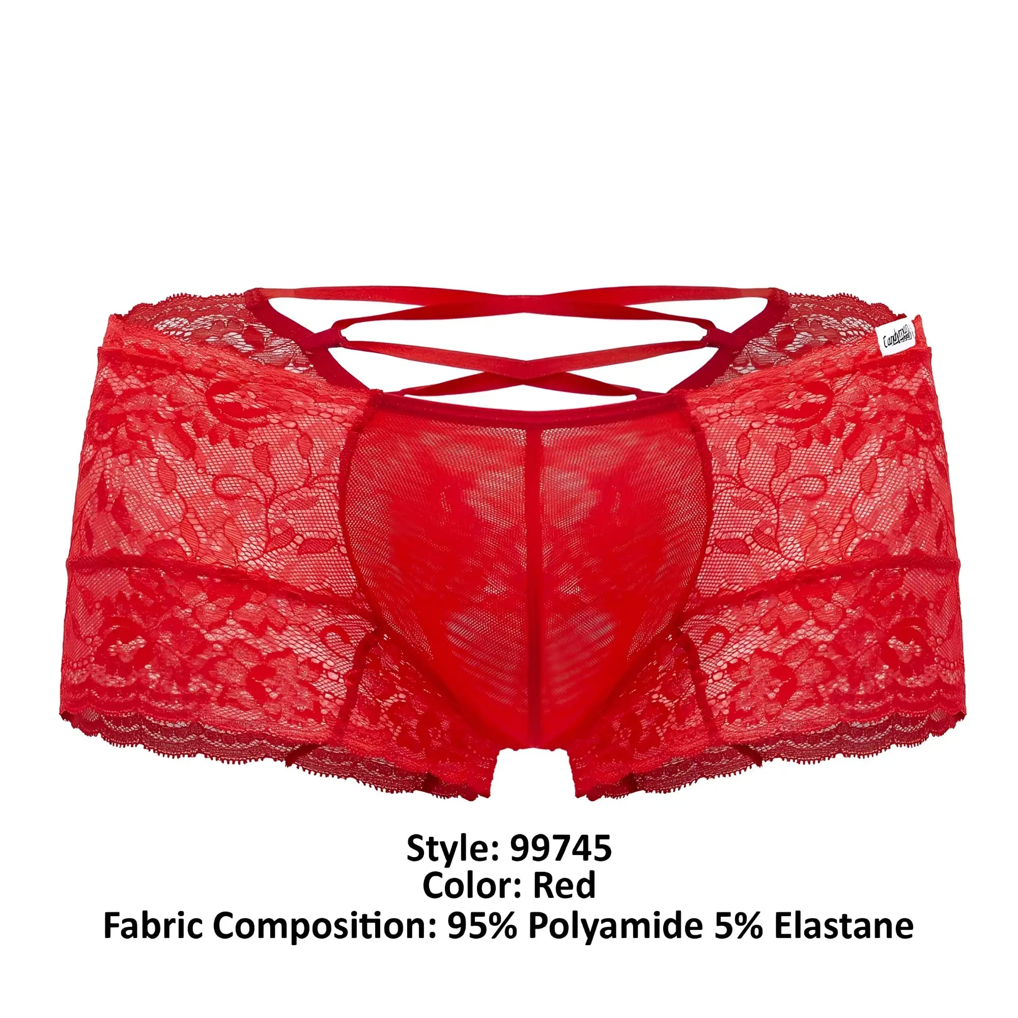 Candyman 99745 lace trunks in red featuring red lace with crisscross straps and scalloped edges