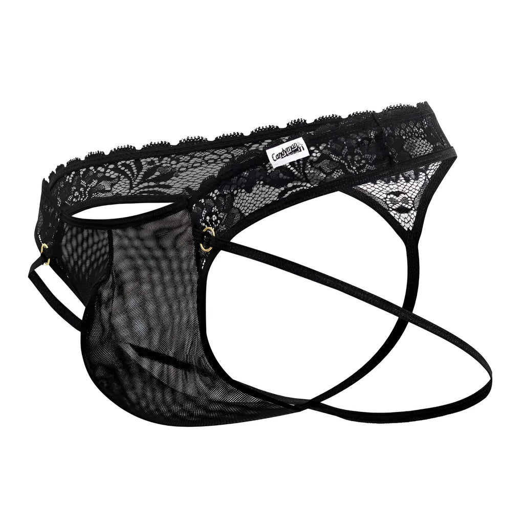 Black lace and mesh men’s thong underwear with branded tag candyMan 99747 lace thongs color black