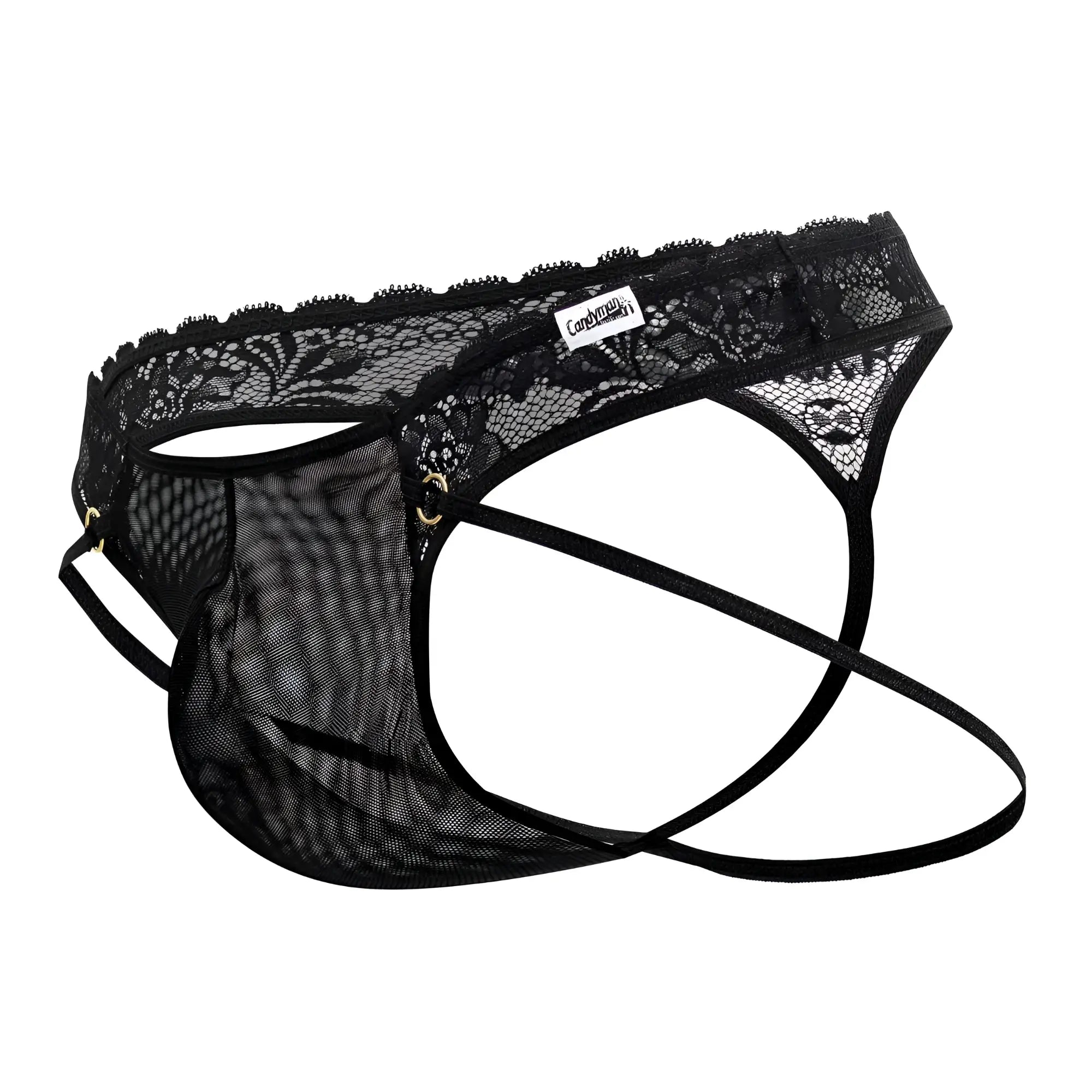 Black lace and mesh men’s thong underwear with branded tag candyMan 99747 lace thongs color black