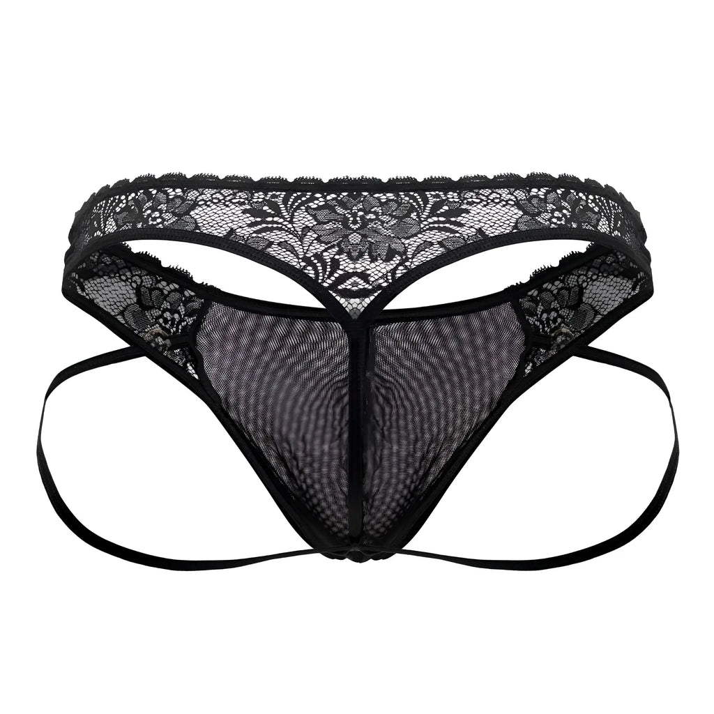 Black lace thong candyMan 99747 with floral pattern and mesh fabric in black color showing front side