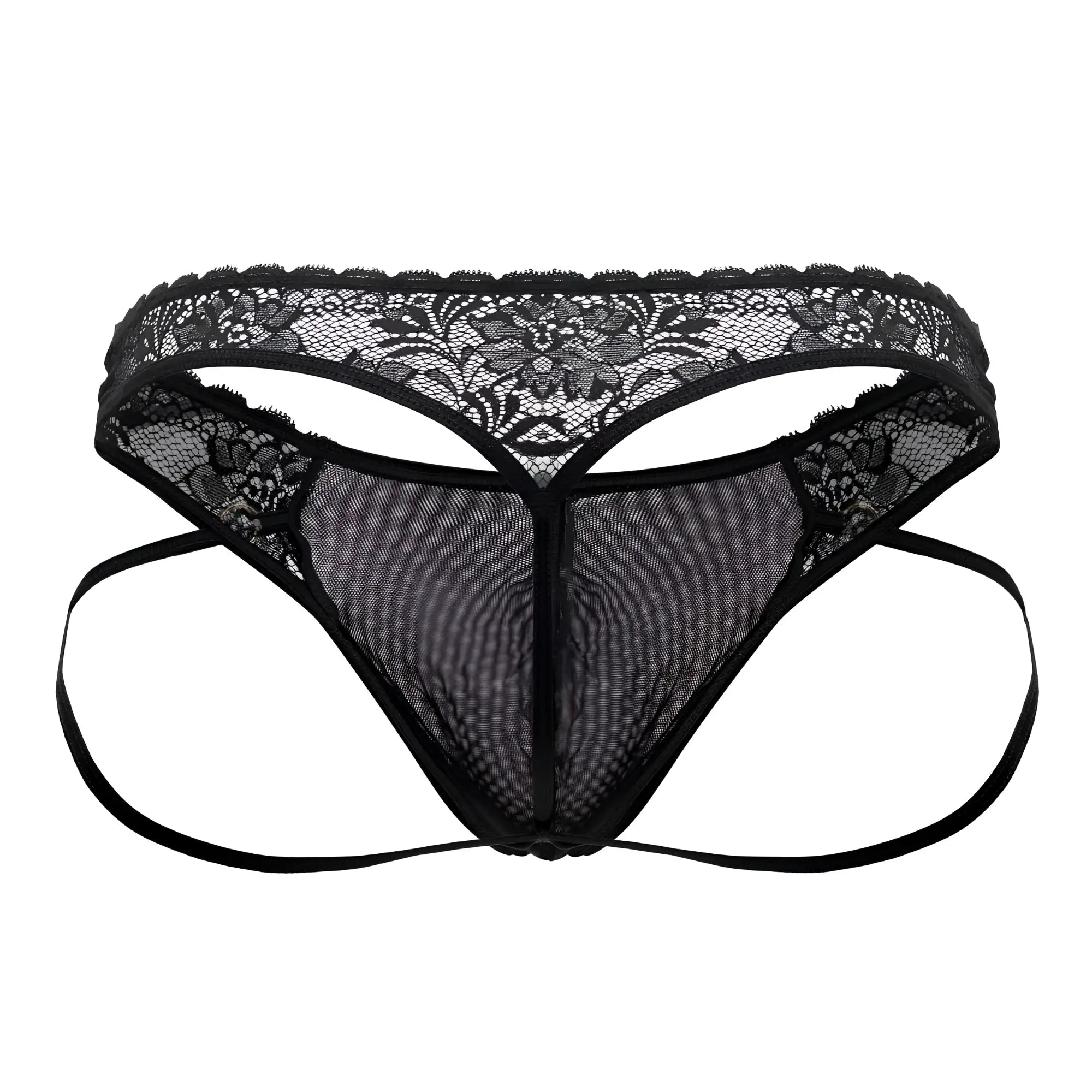 Black lace thong candyMan 99747 with floral pattern and mesh fabric in black color showing front side
