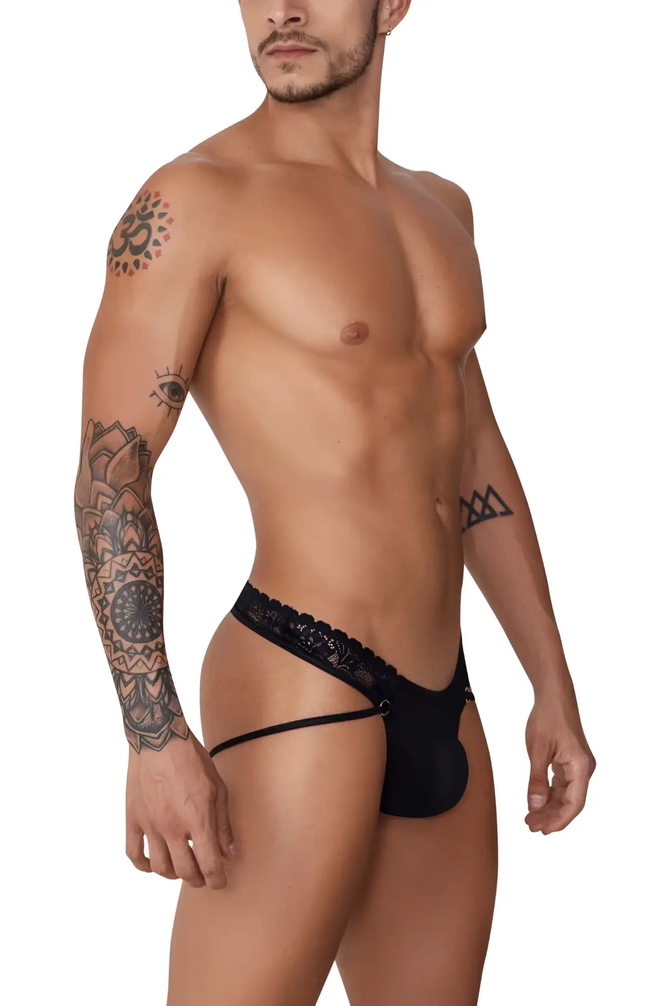 Black lace-trimmed men’s thong candy man 99747 with a sleek, form-fitting design in black color