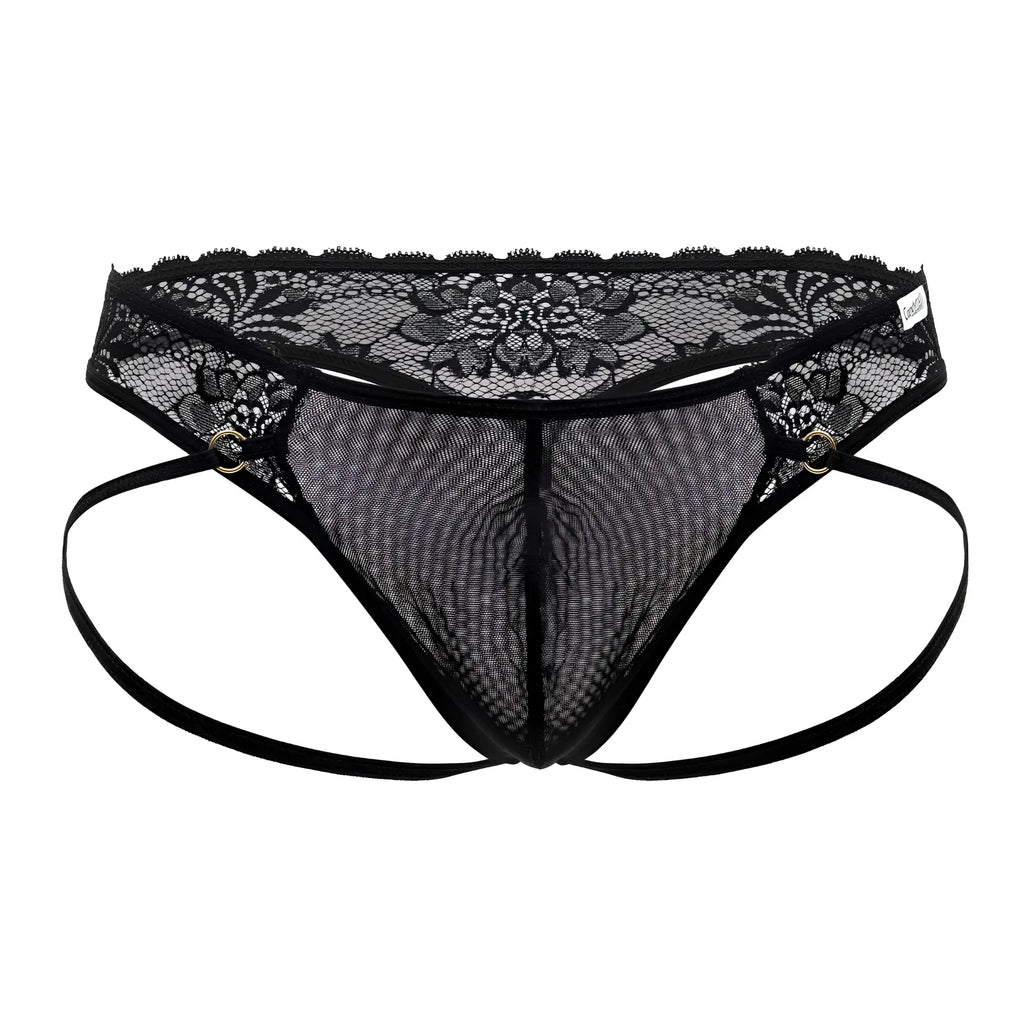 Black lace-trimmed mesh thong with adjustable straps and metallic grommets from Candyman 99747 in black