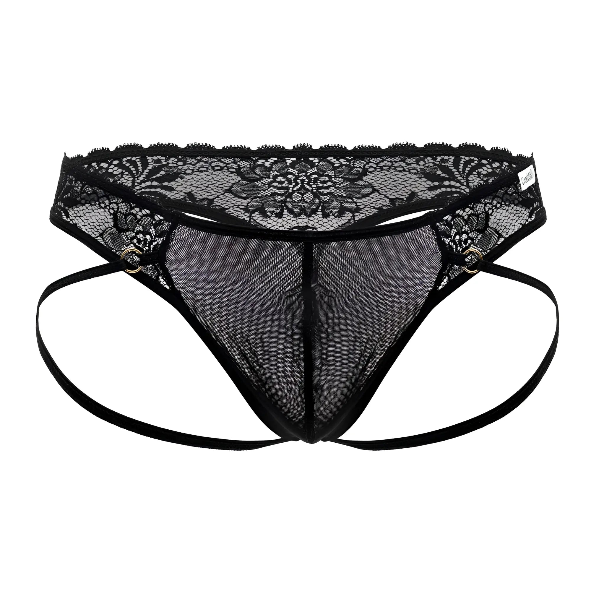 Black lace-trimmed mesh thong with adjustable straps and metallic grommets from Candyman 99747 in black