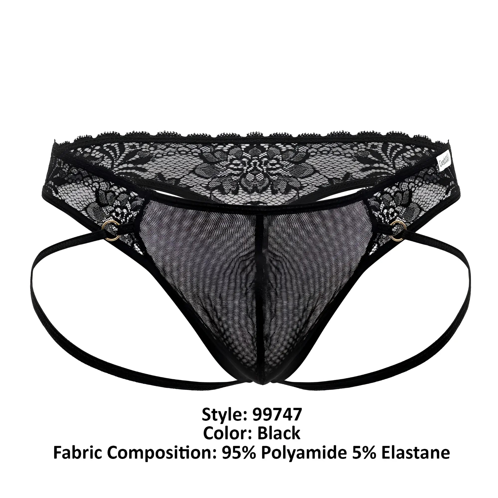 Black lace-trimmed mesh thong candyMan 99747 with adjustable side straps and central seam in black