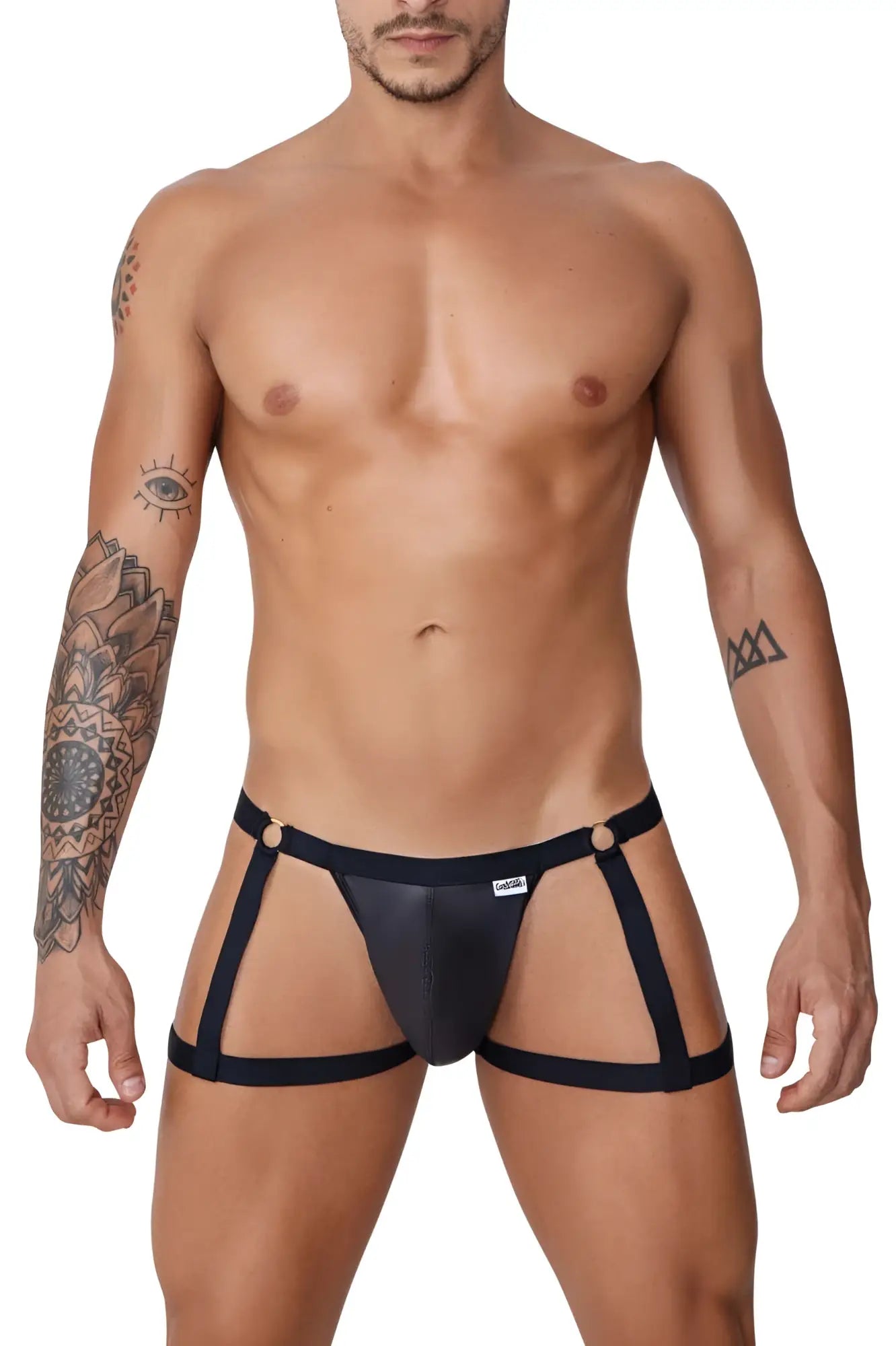 Black leather-like thong garter jockstrap with four side straps and white brand tag front by candyman 99749