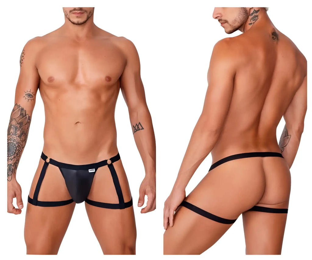 Black leather thong garter jockstrap with adjustable side straps and gold tone hardware candyMan 99749 in black