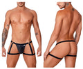Black leather thong garter jockstrap with adjustable side straps and gold tone hardware candyMan 99749 in black