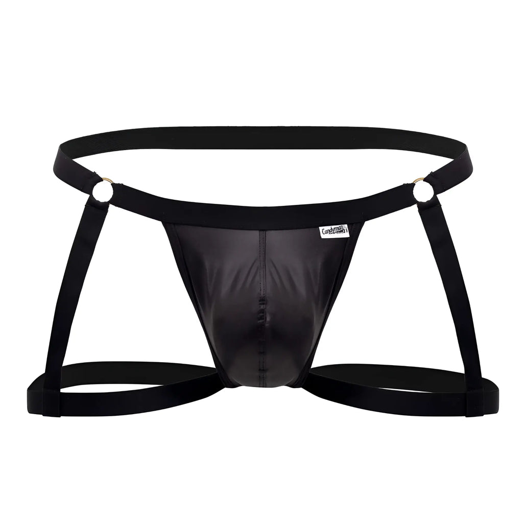 Black patent leather harness style briefs with adjustable straps and silver metal rings candyman 99749 garter jockstrap