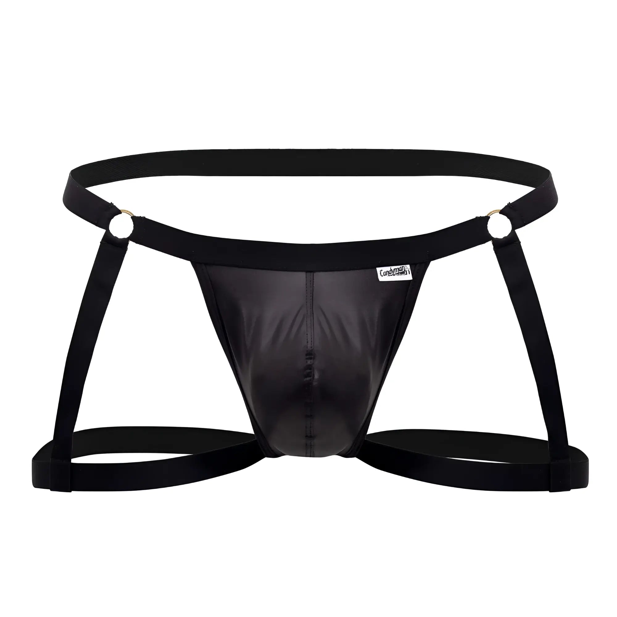 Black patent leather harness style briefs with adjustable straps and silver metal rings candyman 99749 garter jockstrap