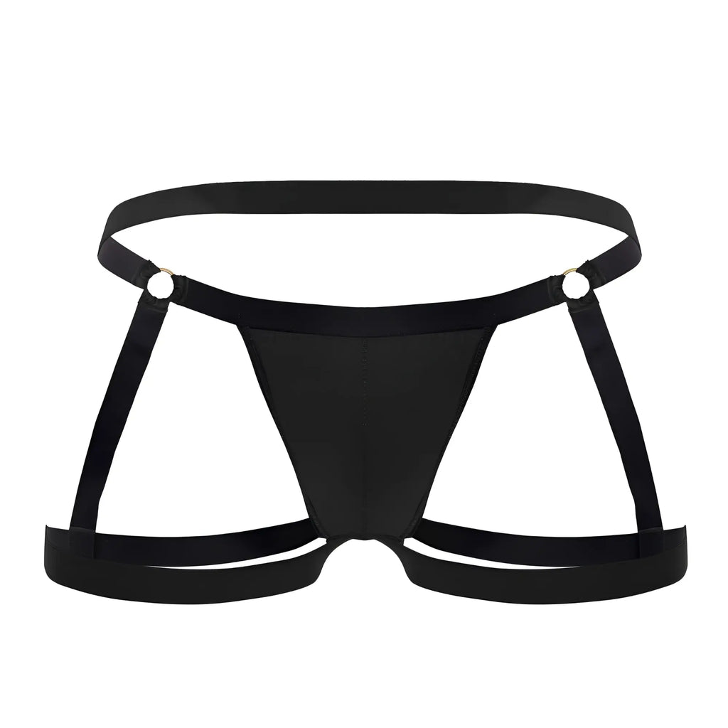 CandyMan 99749 black satin-like fabric briefs with adjustable straps and metallic grommets for a garter jockstrap look