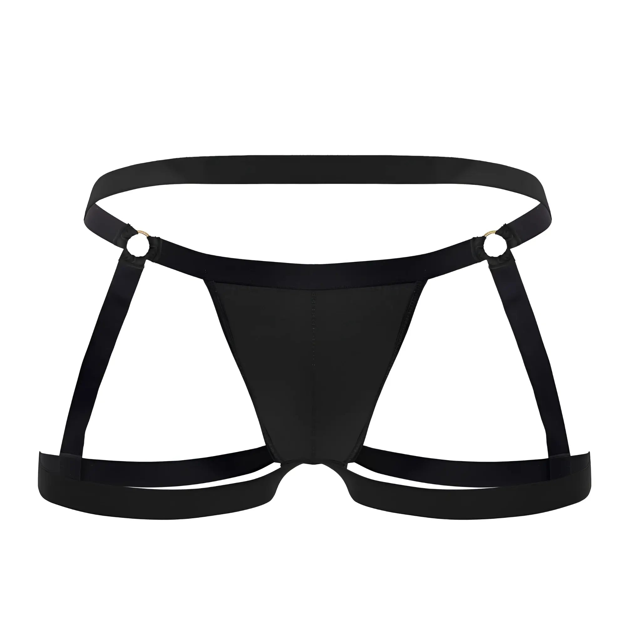CandyMan 99749 black satin-like fabric briefs with adjustable straps and metallic grommets for a garter jockstrap look