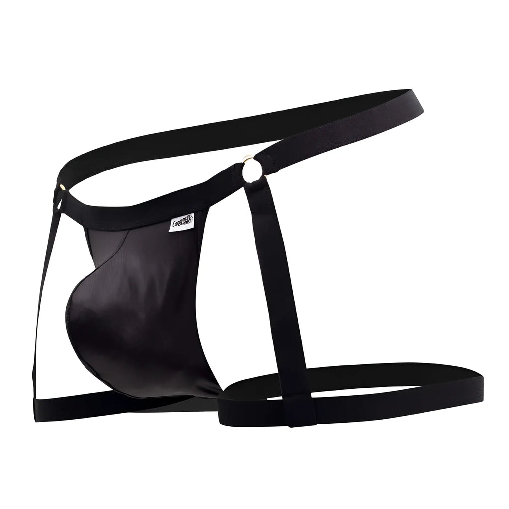 Black satin-like candyMan 99749 garter jockstrap with adjustable straps and central ring for men