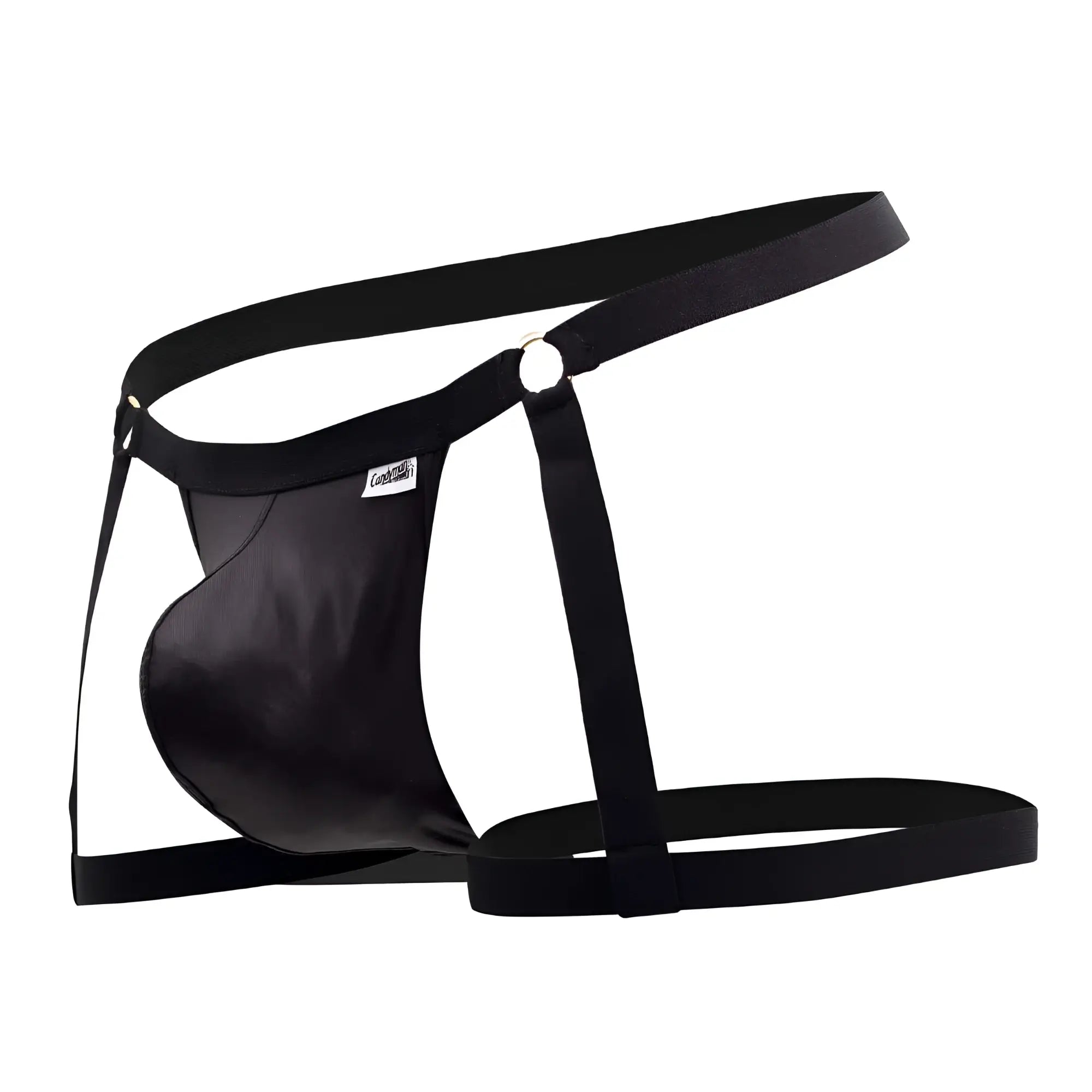 Black satin-like candyMan 99749 garter jockstrap with adjustable straps and central ring for men