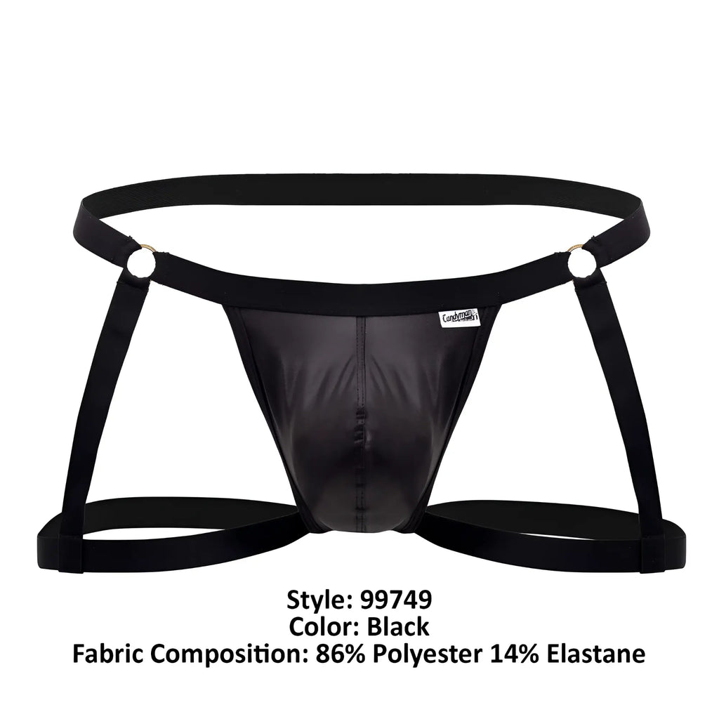 Black shiny polyester and elastane briefs with harness-style adjustable straps candyMan 99749 garter jockstrap