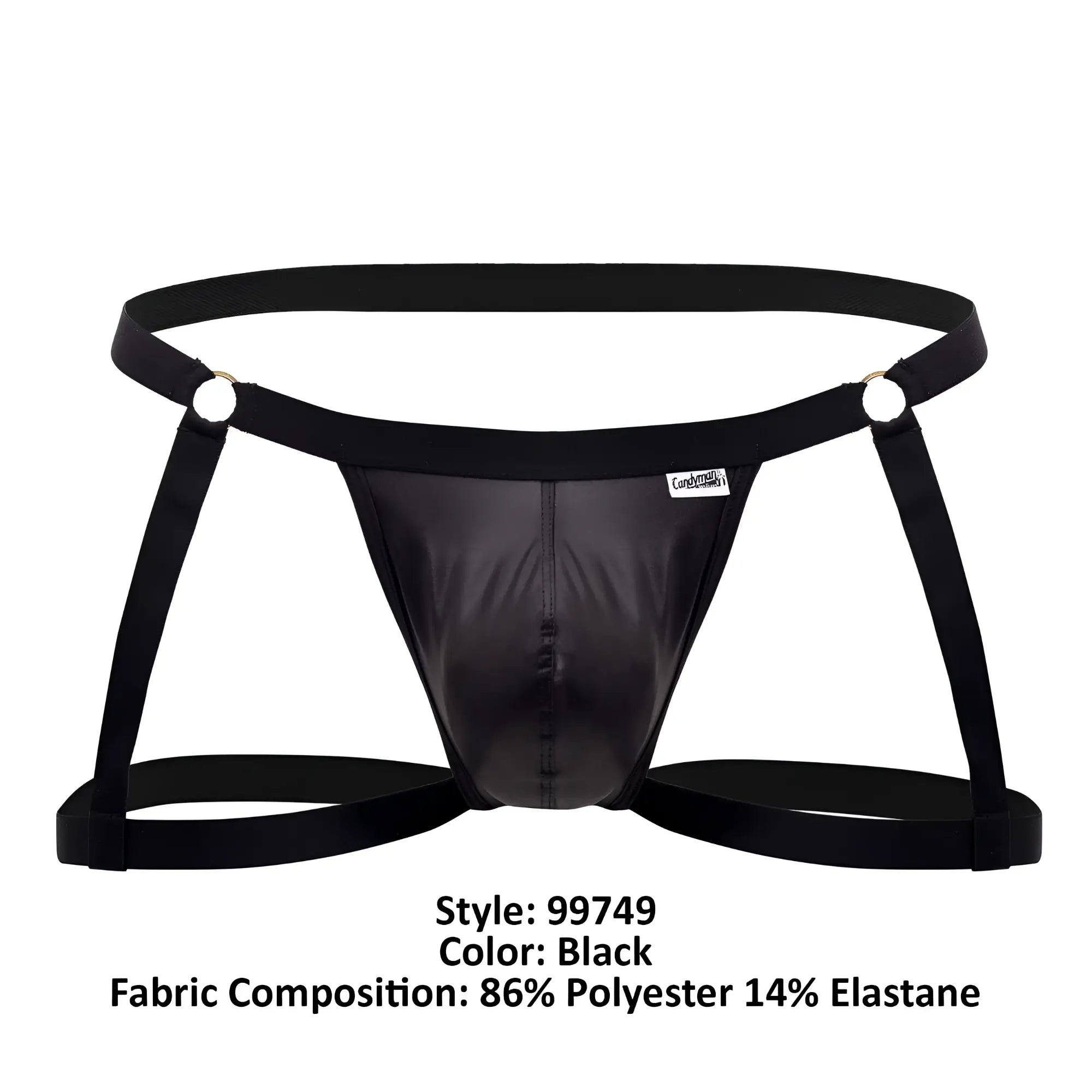 Black shiny polyester and elastane briefs with harness-style adjustable straps candyMan 99749 garter jockstrap