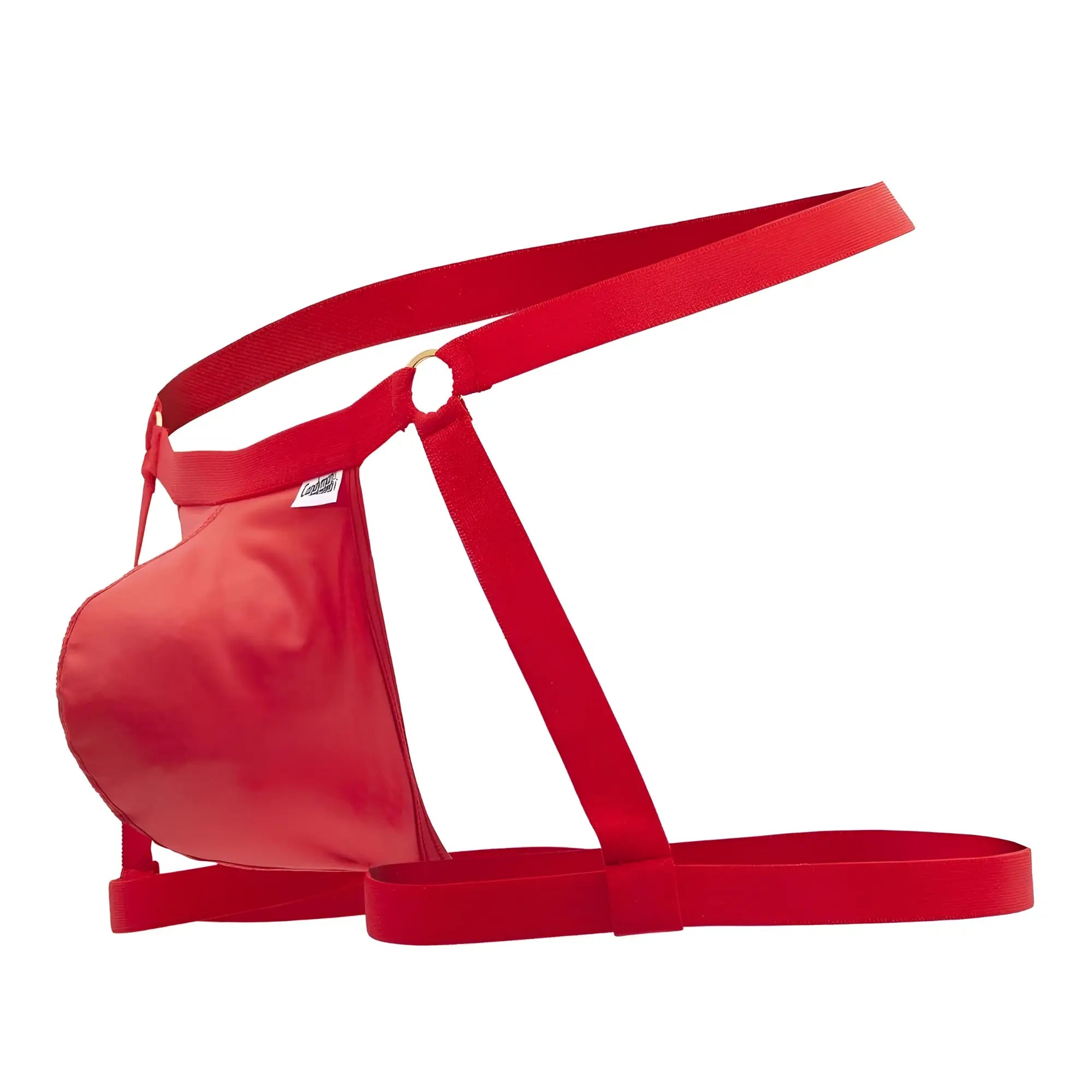 Red satin candyMan 99749 garter jockstrap for men with adjustable straps and central gusset in red color