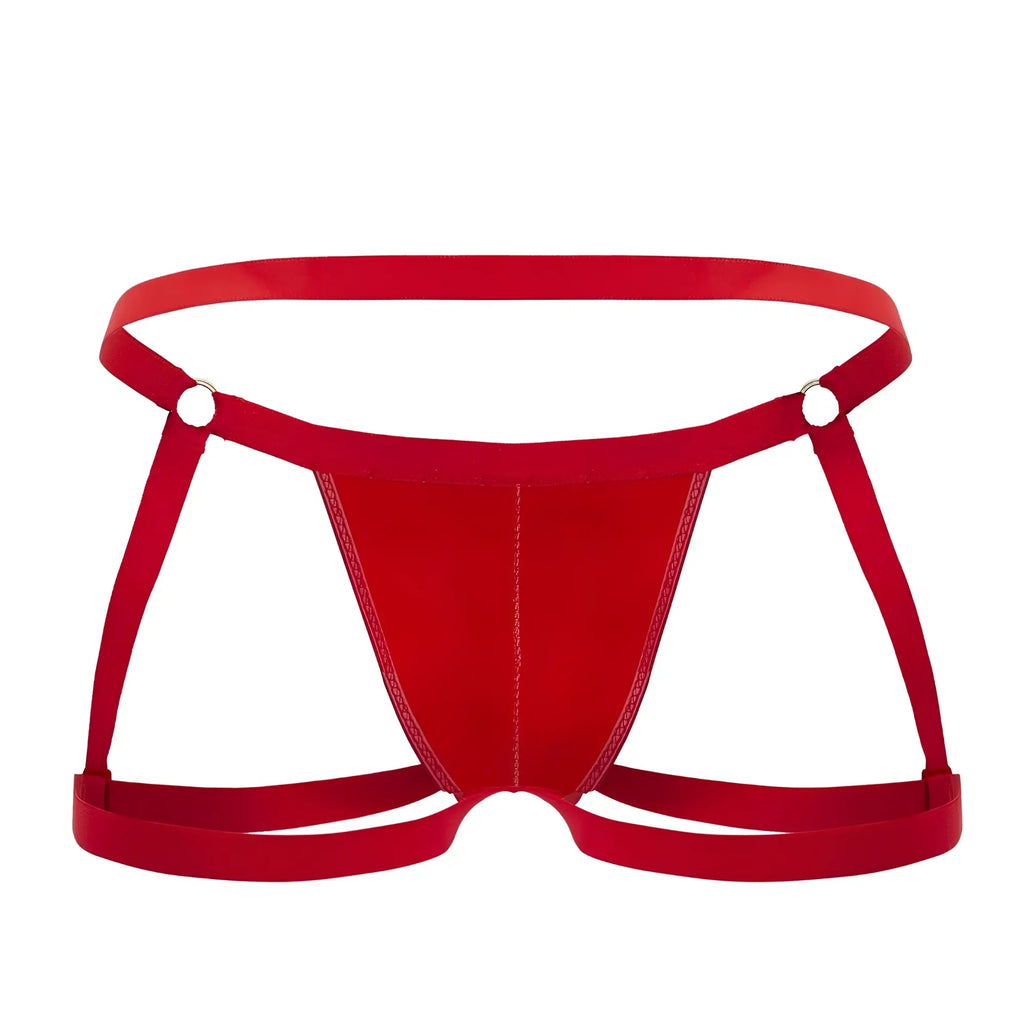 Red satin fabric briefs with strappy harness design and silver metal clasps candyMan 99749 garter jockstrap red