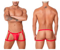 Candyman 99749 garter jockstrap in red sheer mesh with red elastic straps and side brand tag for men