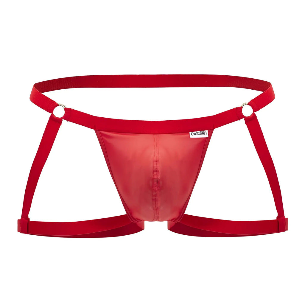 Red transparent nylon thong garter jockstrap with adjustable side straps and branded tag by candyman