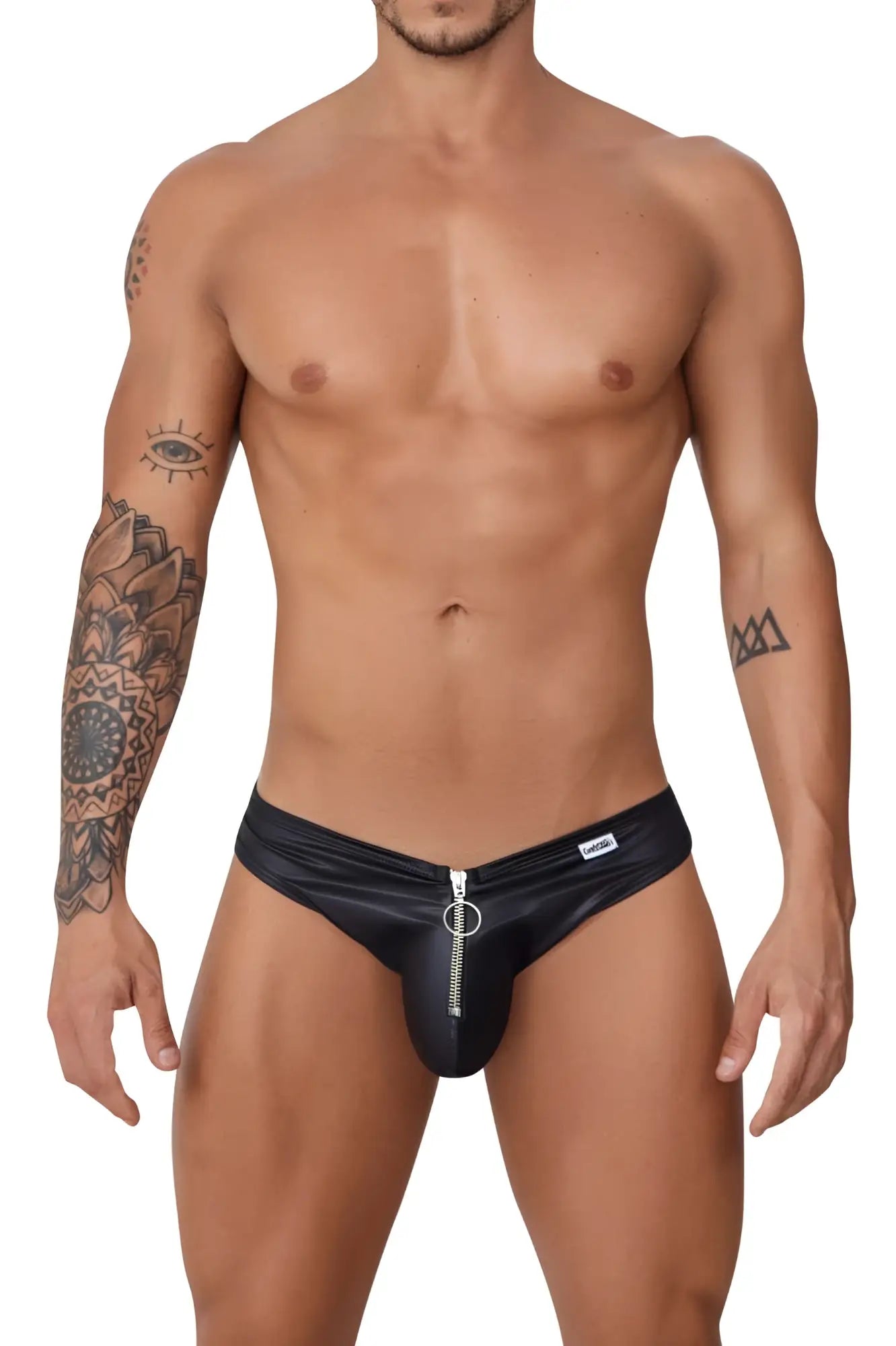 Black faux leather thong jockstrap with central zipper and silver metal ring candy man 99753 fringe design