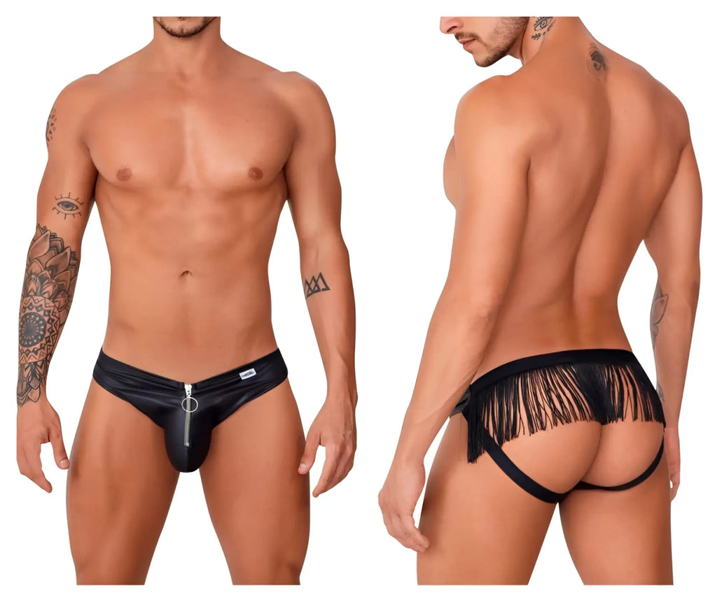 Black faux leather thong jockstrap with front zipper and back fringe detailing candyMan 99753 visible from back