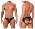 Black faux leather thong jockstrap with front zipper and back fringe detailing candyMan 99753 visible from back