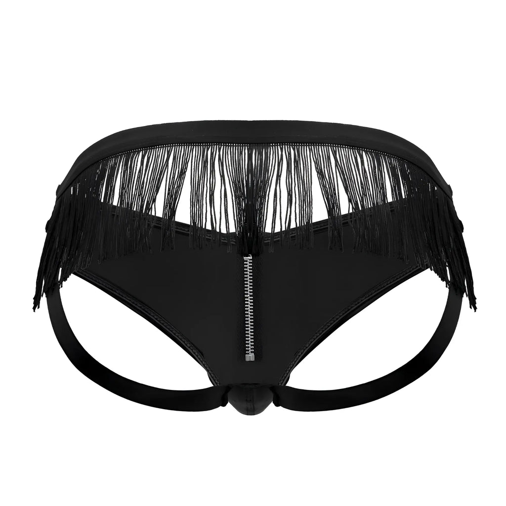 Black fringed thong with central zipper and elasticized waistband from candyman 99753 collection front view