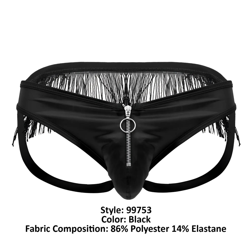 Black CandyMan 99753 fringe jockstrap briefs made of 86% polyester and 14% elastane with black fringes