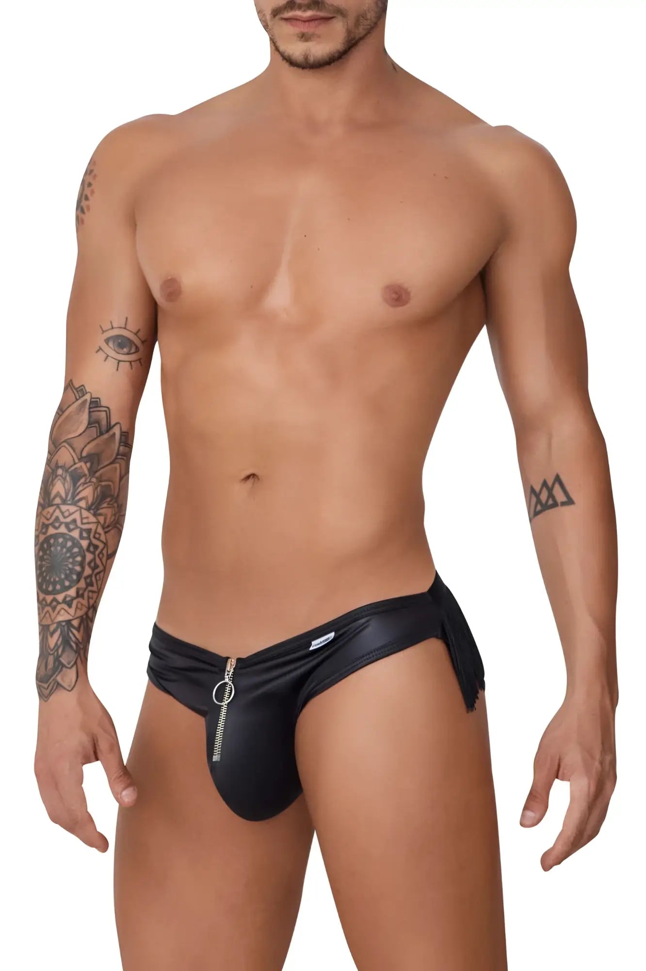 Black leatherlike swim trunks candyman 99753 with front zipper and frayed hem for stylish swimwear use