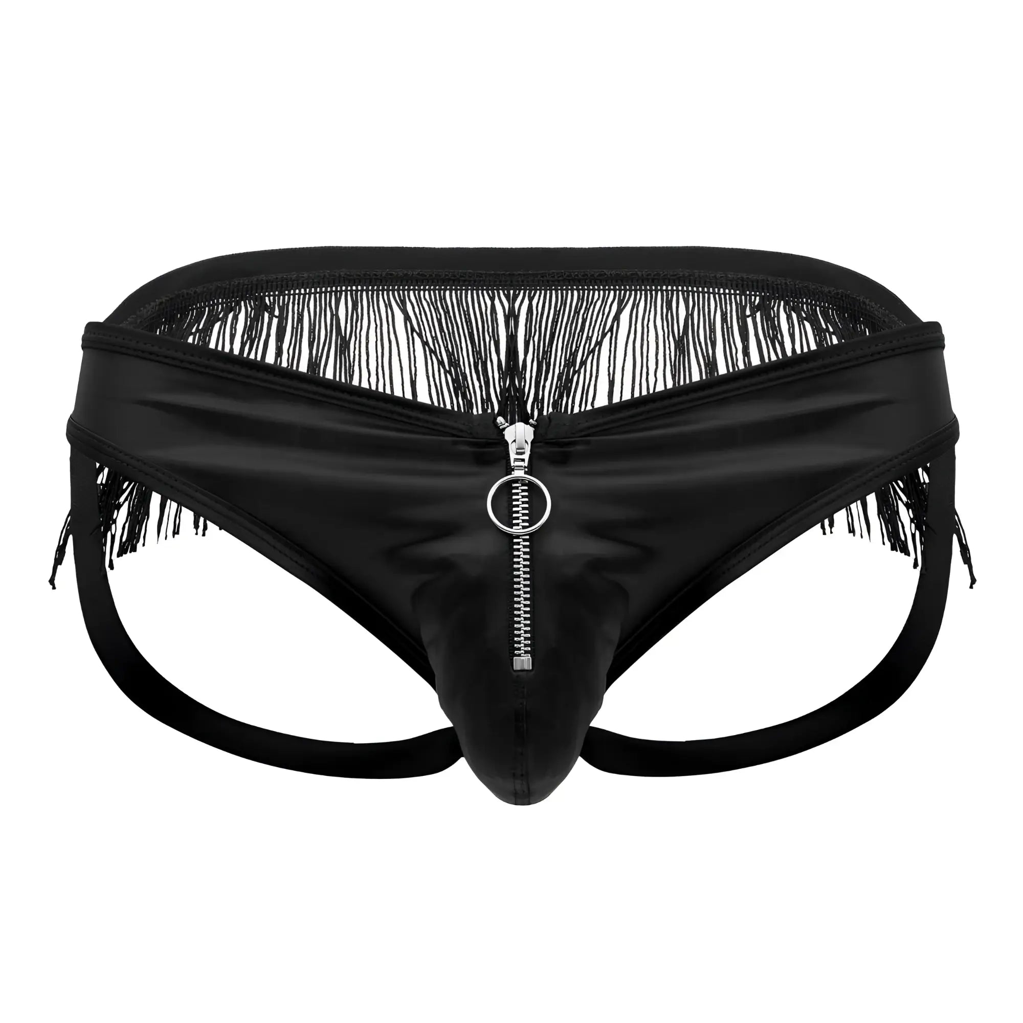 Black satin men’s briefs with central zipper and black fringe detailing candyMan 99753 fringe jockstrap