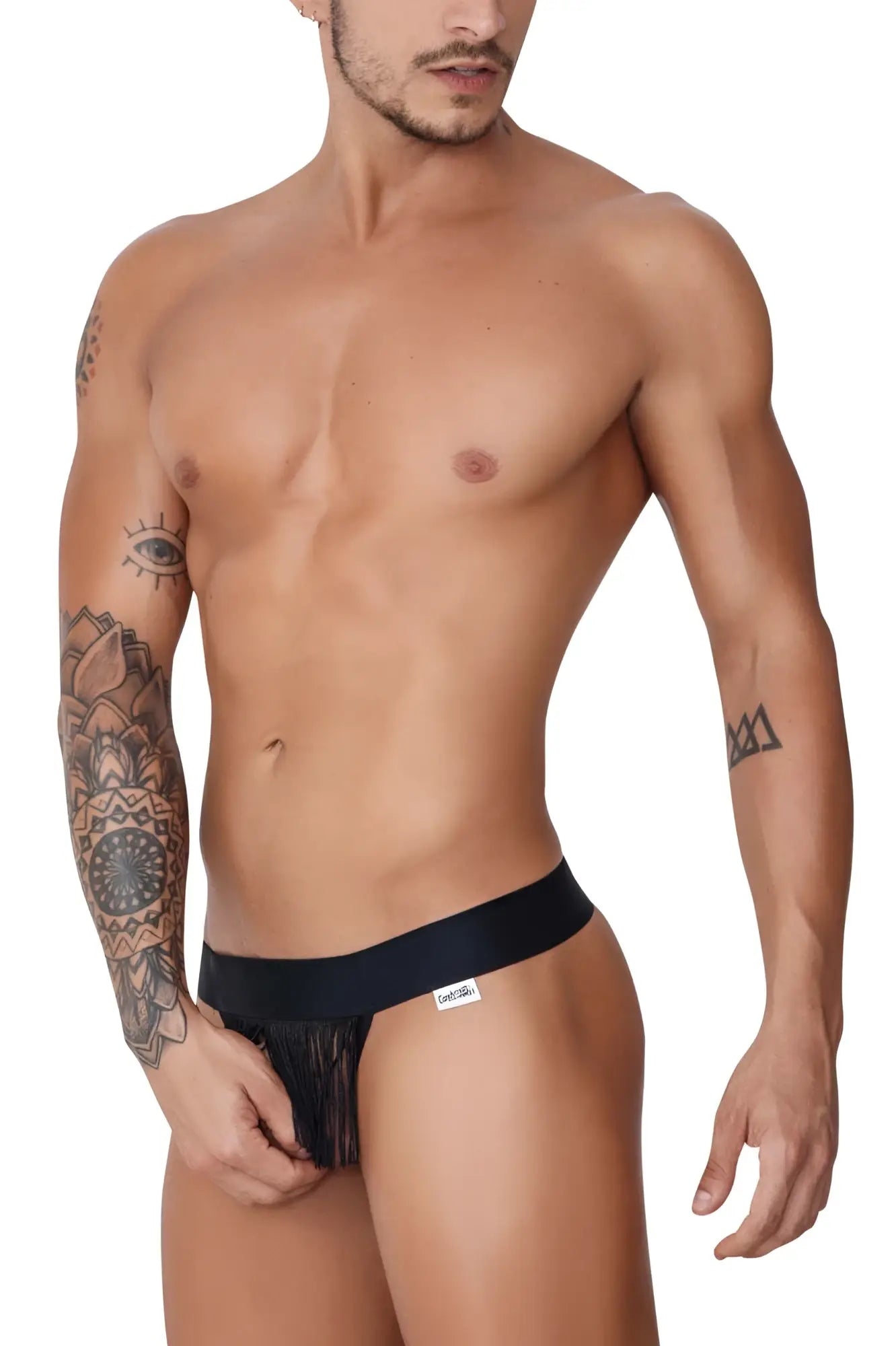 Black CandyMan 99755 fringe thong briefs with sleek minimalist design and stylish black fringed detailing