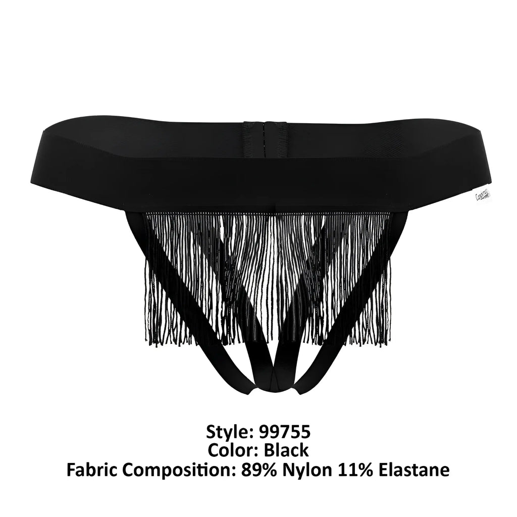 Black fringed thong with wide elastic waistband and thin straps made of 89 nylon 11 elastane candyMan 99755