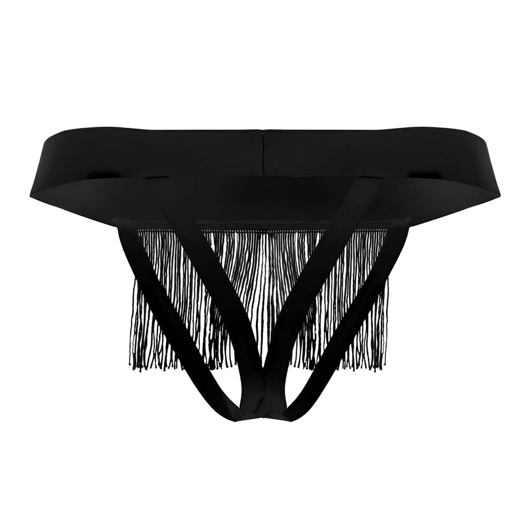 Black CandyMan 99755 fringe thong with wide smooth waistband and three intersecting straps visible from the back