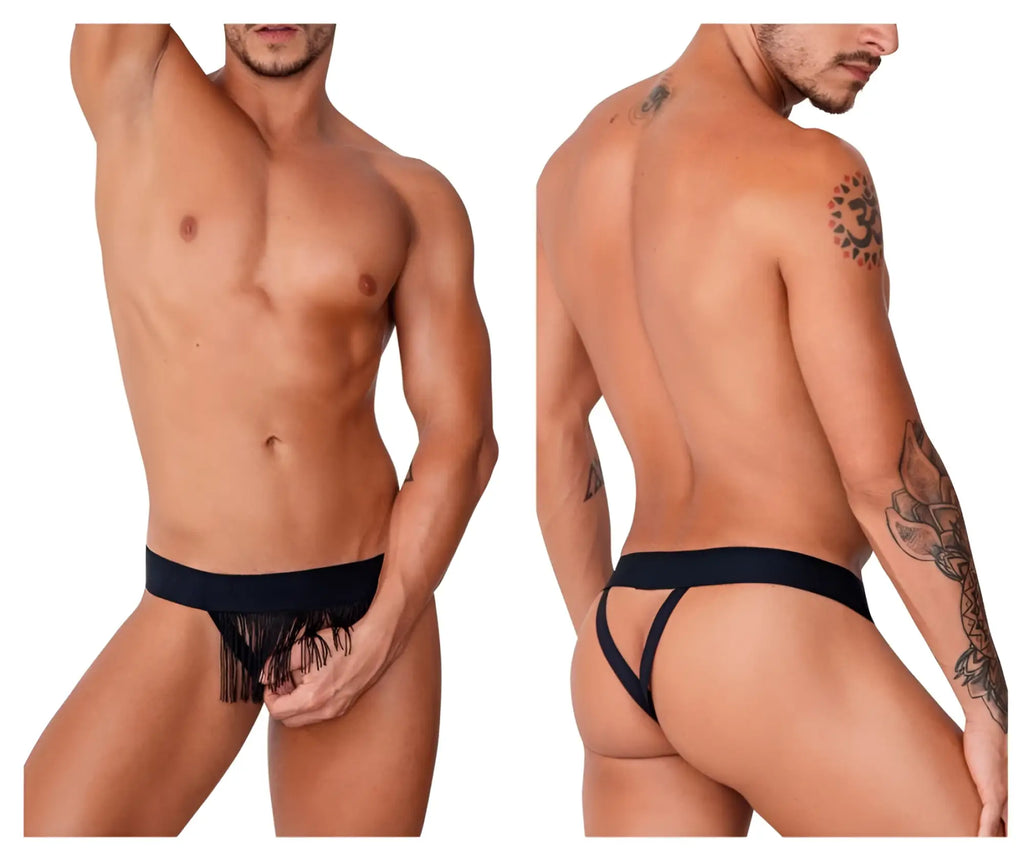 Black CandyMan 99755 fringe thong with wide waistband and supportive side straps shown from the back