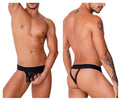 Black CandyMan 99755 fringe thong with wide waistband and supportive side straps shown from the back