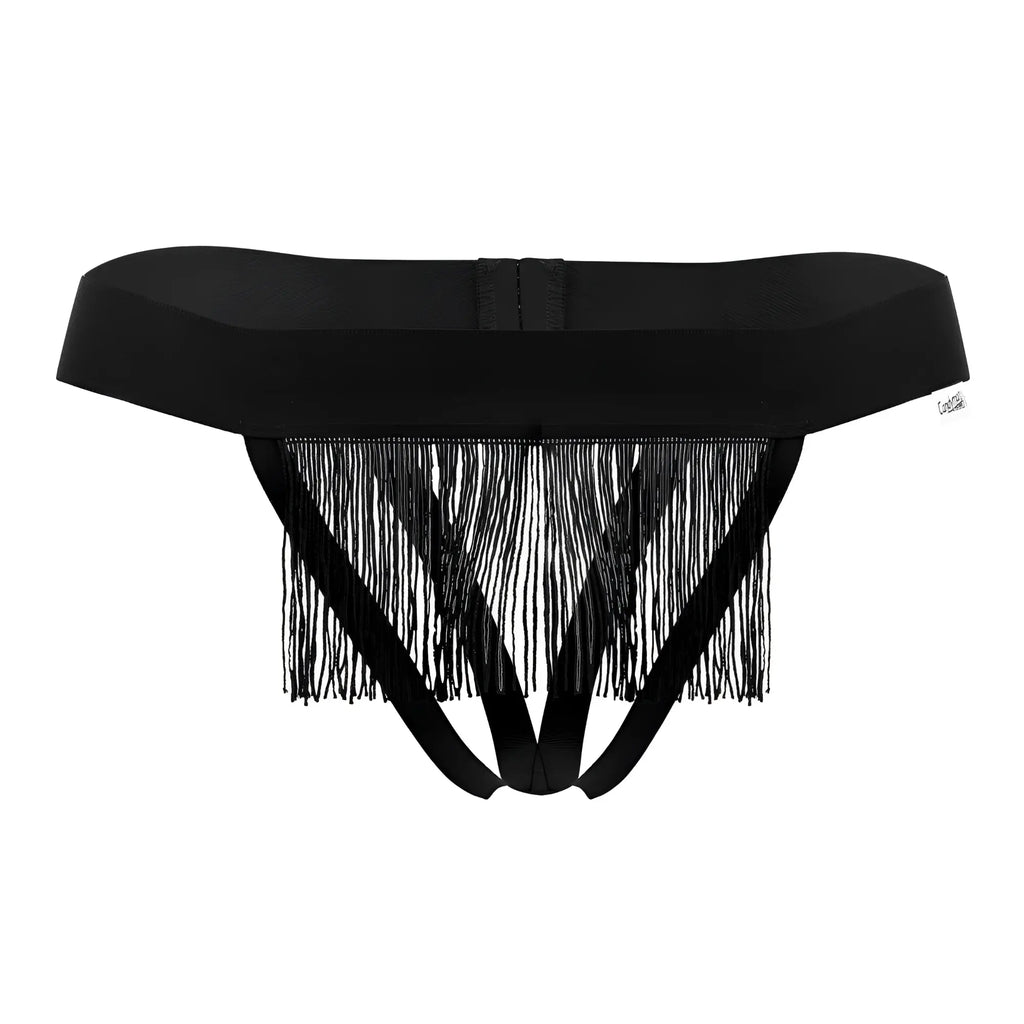 Black fringed thong candyMan 99755 with wide waistband and multiple straps shown from the back