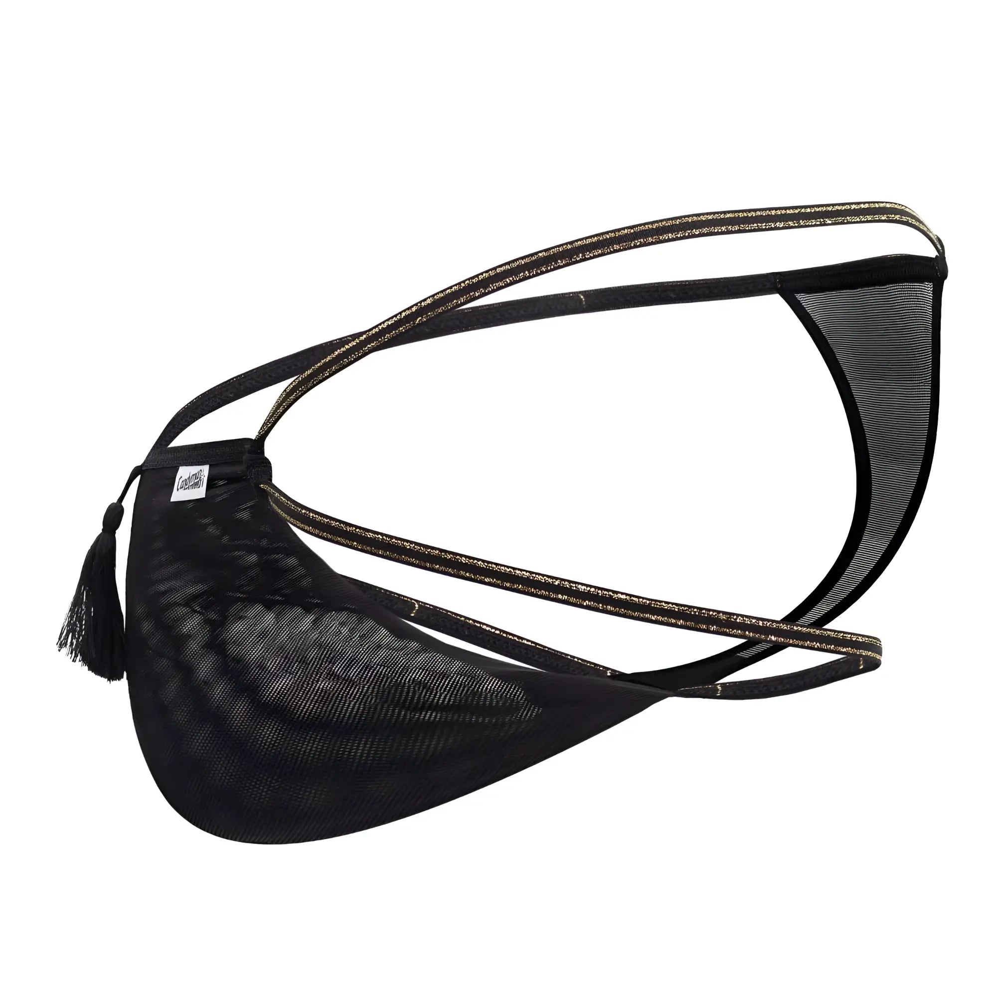 Black mesh mens thong candyman 99756 fringe thong with gold trimmed elastic straps and black tassel on the front