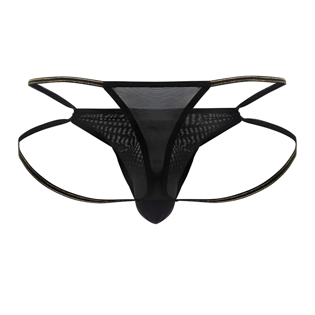 CandyMan 99756 fringe thong in black mesh with thin adjustable straps and subtle gold trim along the edges