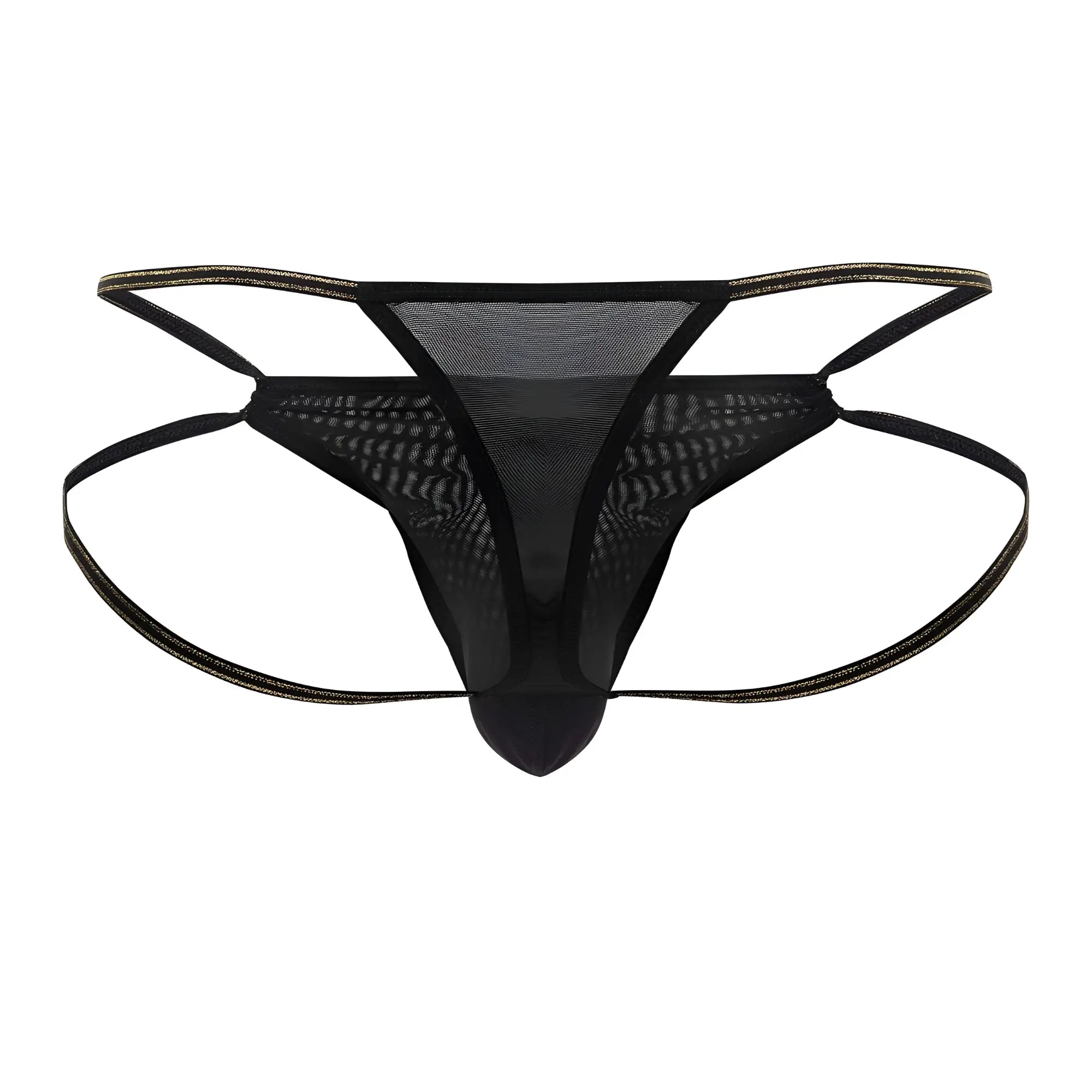 CandyMan 99756 fringe thong in black mesh with thin adjustable straps and subtle gold trim along the edges