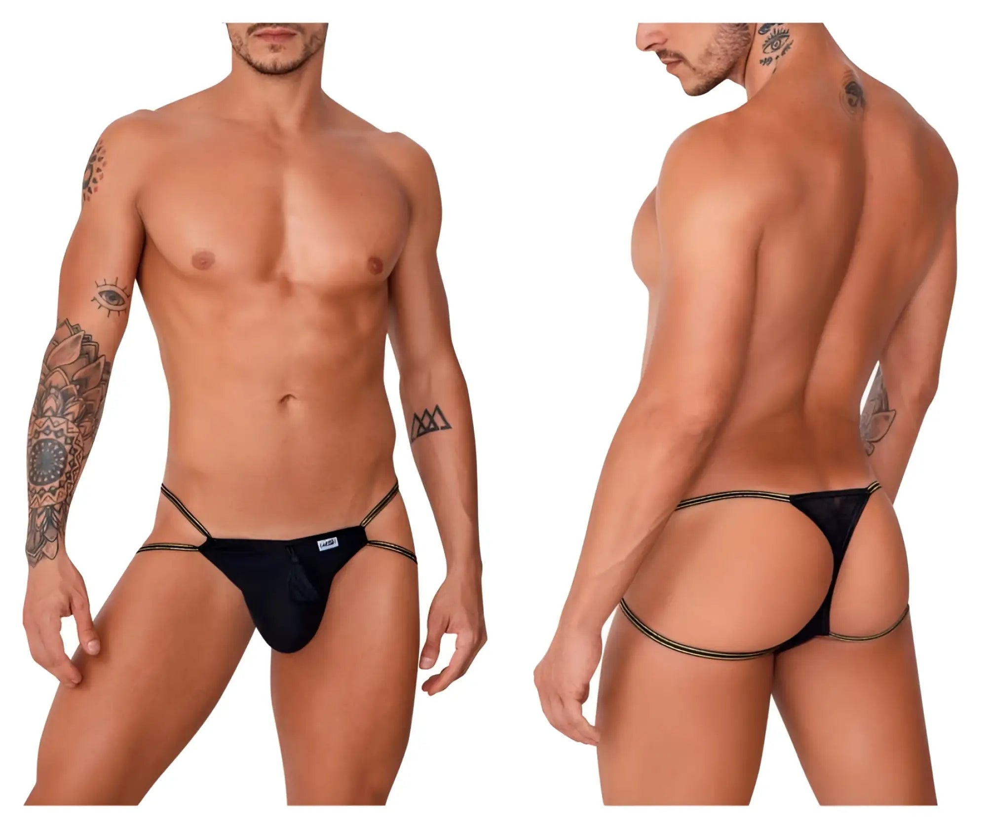Black mesh thong with gold trim and small brand tag on front from candyman 99756 fringe thongs collection