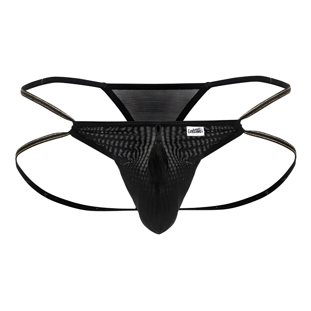 Black mesh candy man 99756 fringe thong with reinforced elastic straps and central tassel detail front view