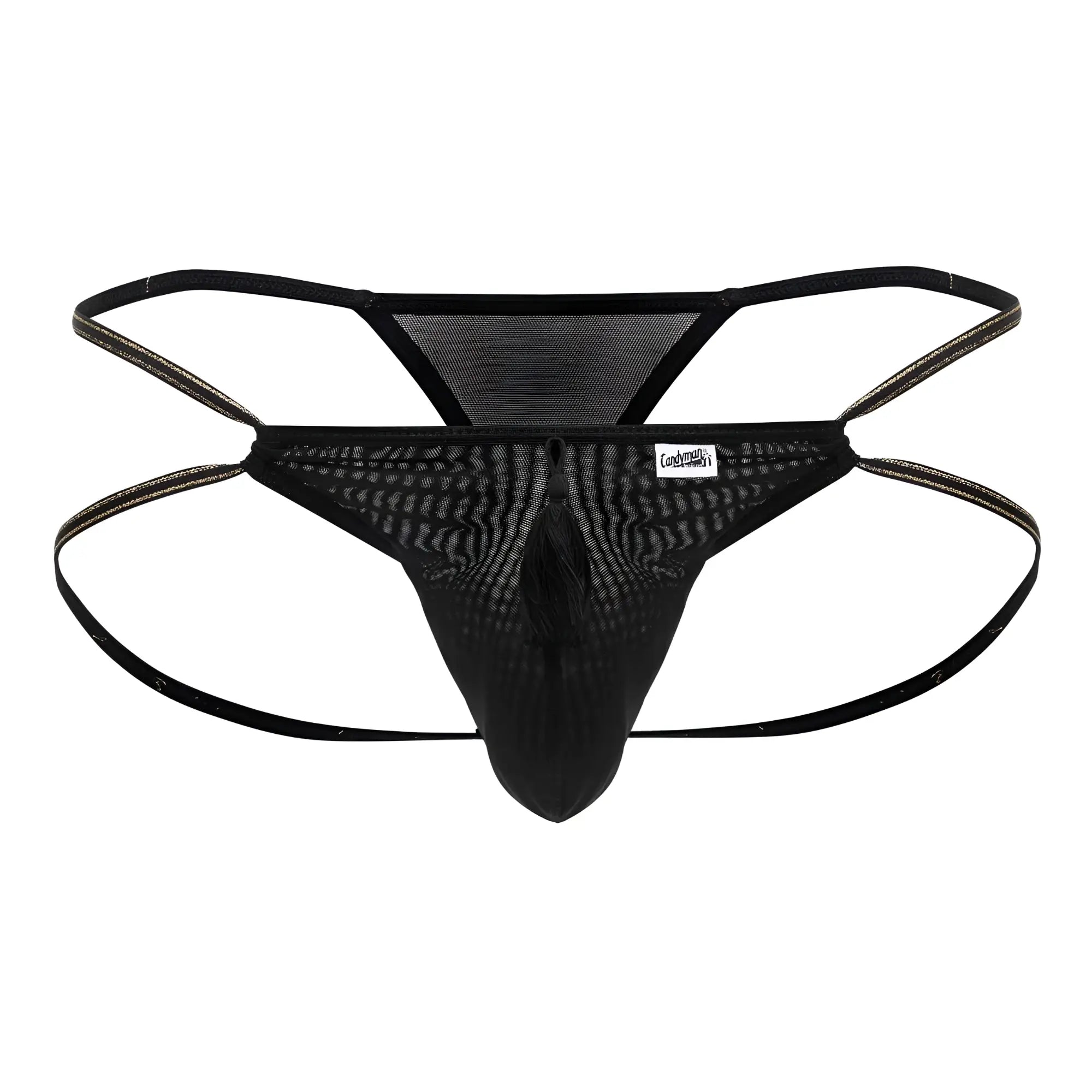 Black mesh candy man 99756 fringe thong with reinforced elastic straps and central tassel detail front view