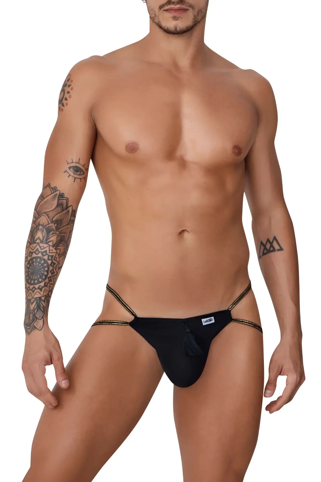 Black CandyMan 99756 fringe thong with gold trim and small tassel at front for stylish lingerie wear