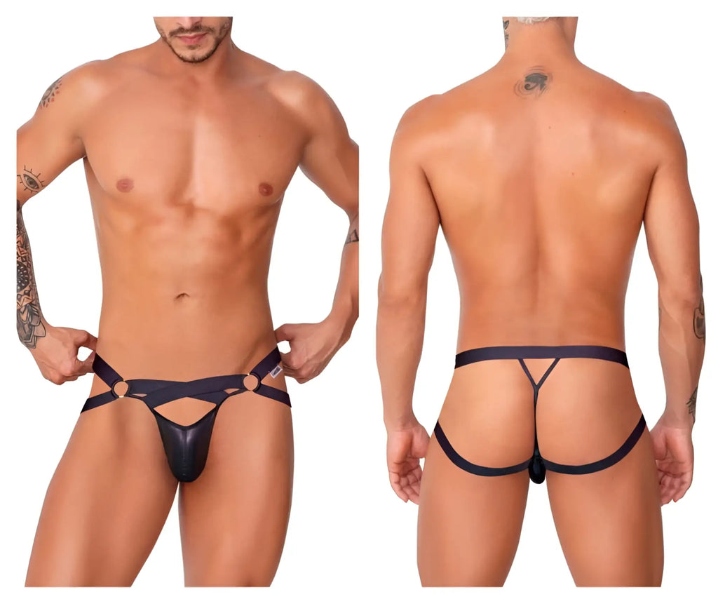 CandyMan 99761 black latex thong with wide supportive straps and distinctive cutout design shown from the back side