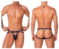 CandyMan 99761 black latex thong with wide supportive straps and distinctive cutout design shown from the back side