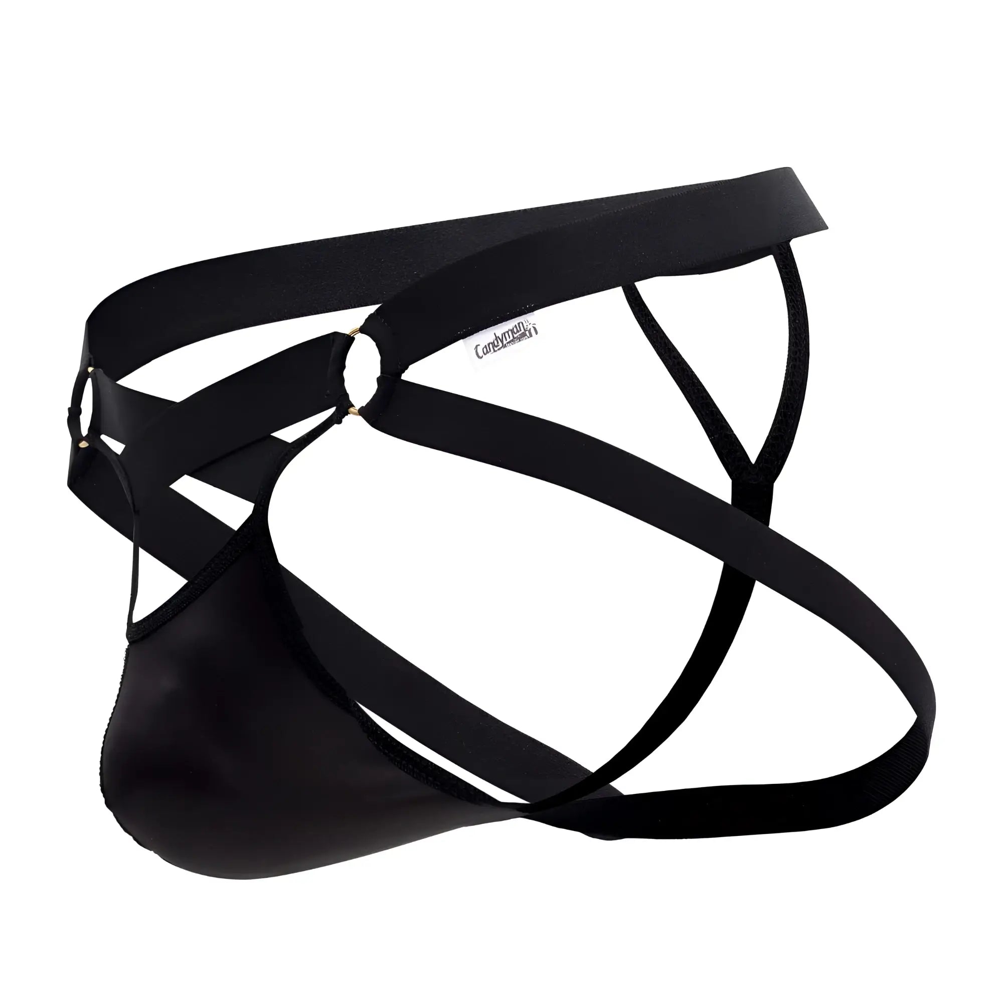 Black leather-like mens briefs with crisscrossing straps and branded tag candyMan 99761 jock g-string color black