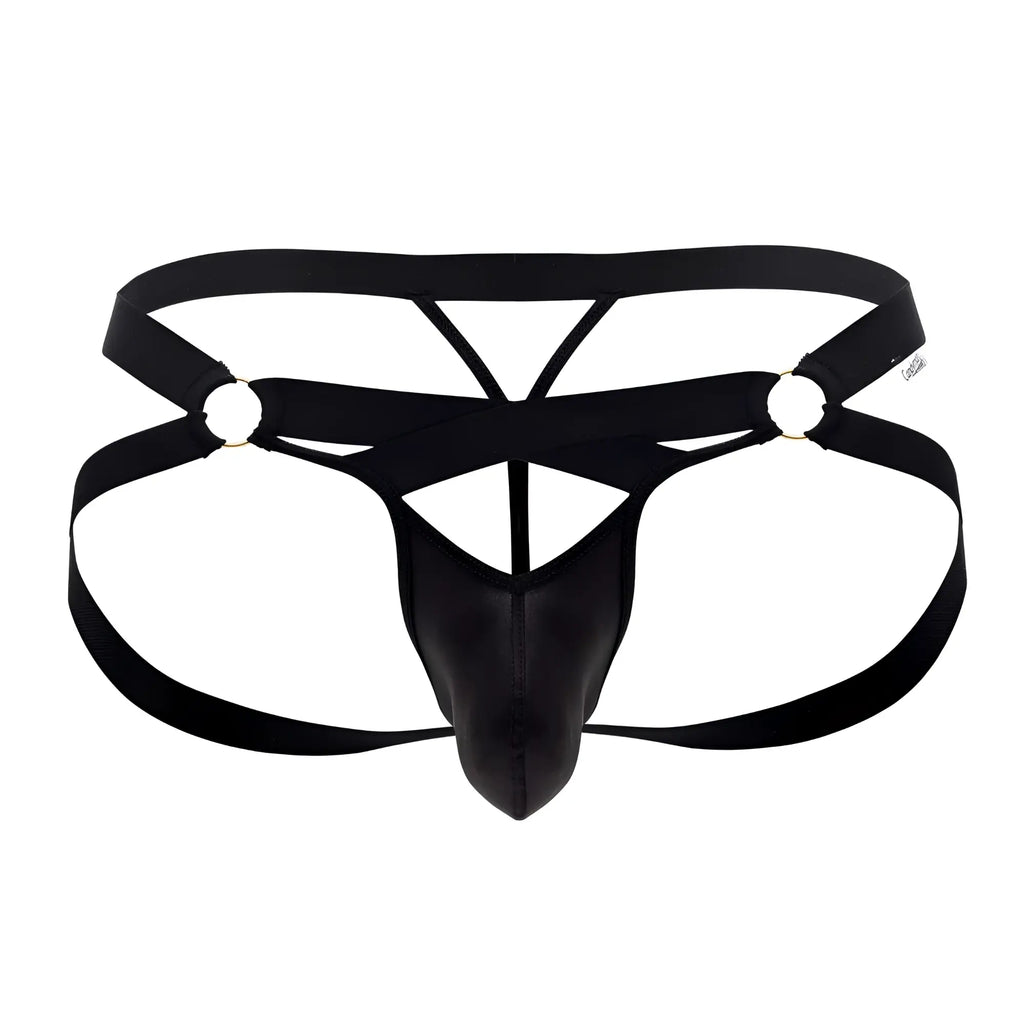 Black leather-like men’s thong jock g-string with crisscrossing straps and metallic rings candyMan 99761 back side