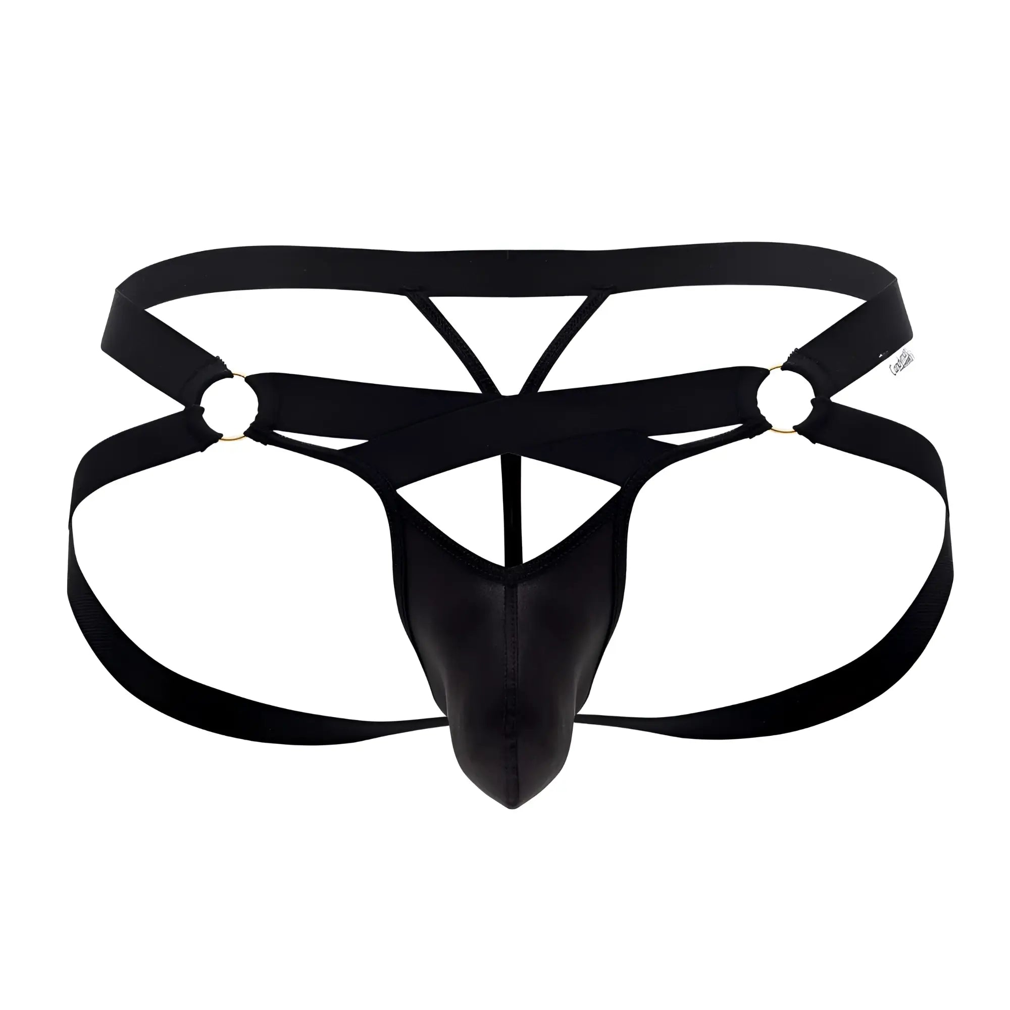 Black leather-like men’s thong jock g-string with crisscrossing straps and metallic rings candyMan 99761 back side