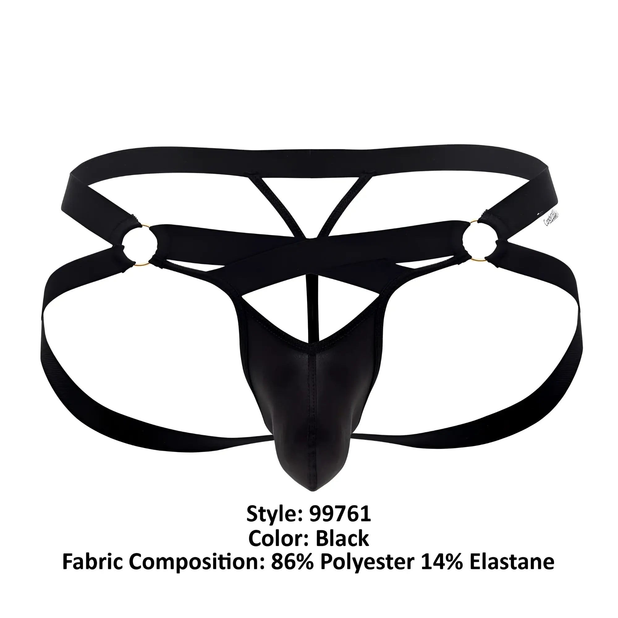 Black candyman 99761 jock g-string thong with crisscross design and reinforced gussets made of polyester and elastane